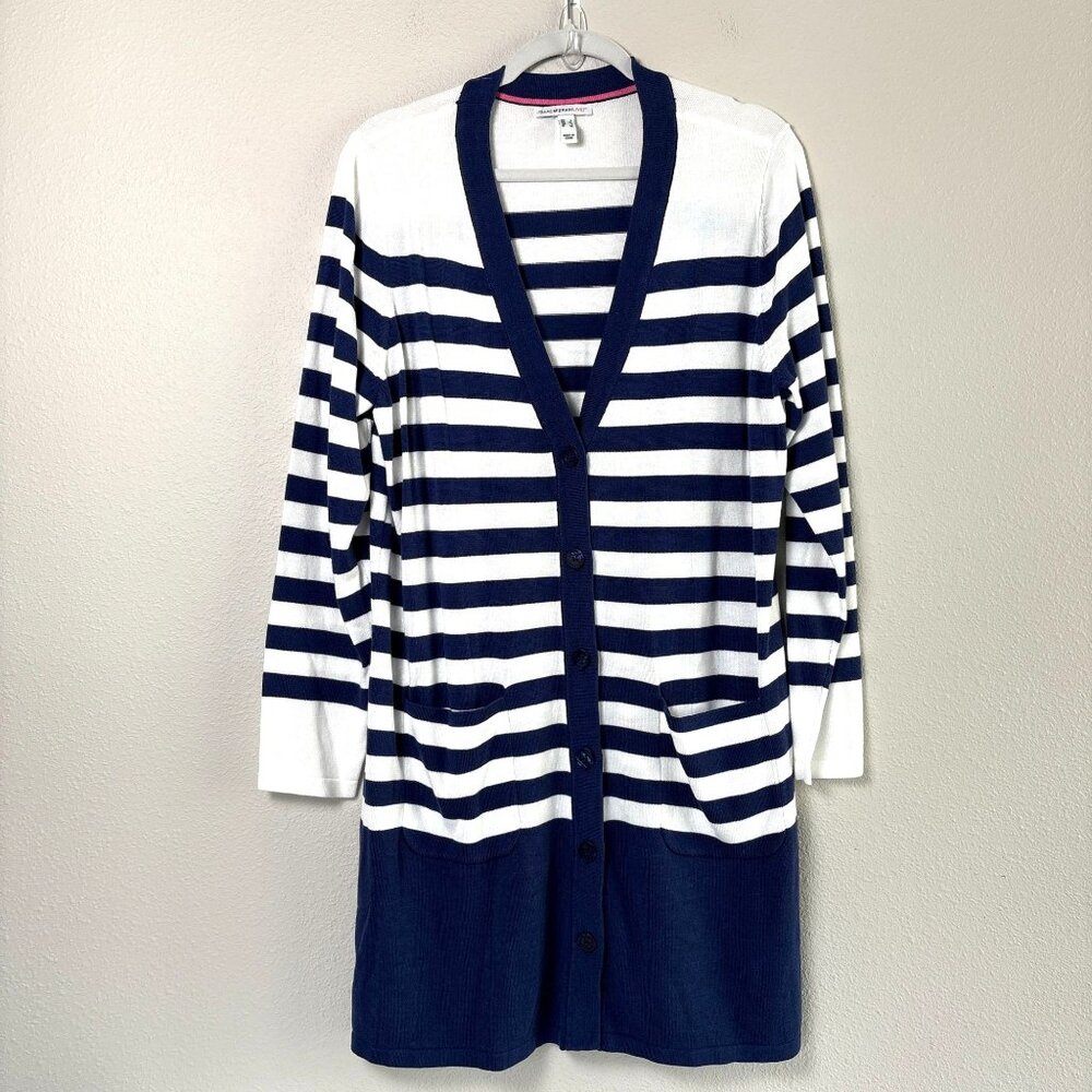 Isaac Mizrahi Live Button Front Cardigan Size L Blue White Striped Long Pockets